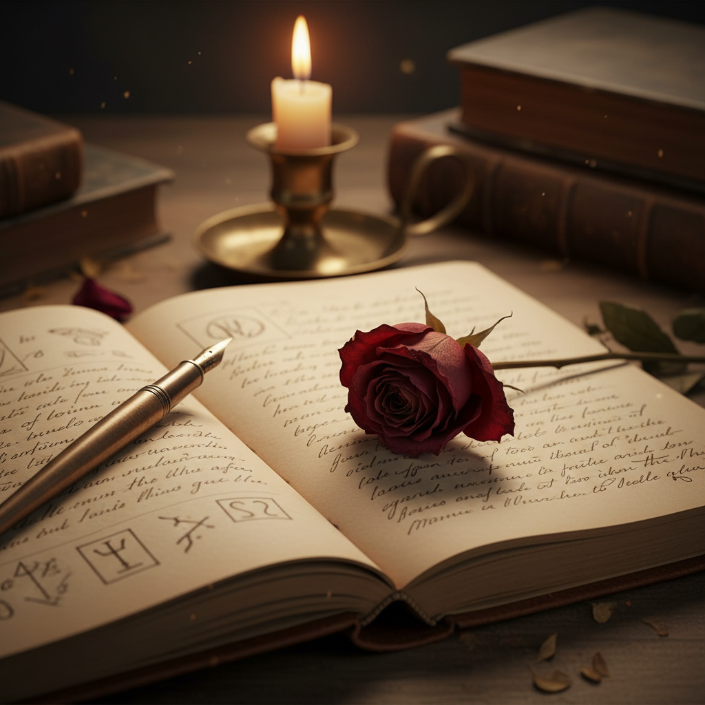 A close-up aesthetic shot of an old open notebook with a pen, a withered dark red rose lying on the page, soft candlelight, emotional and nostalgic vibe.