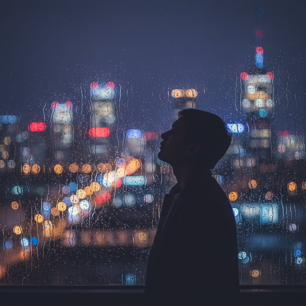 A silhouette of a person looking out of a rain-streaked window at night, city lights blurred in the background (bokeh effect), deep emotional feel.