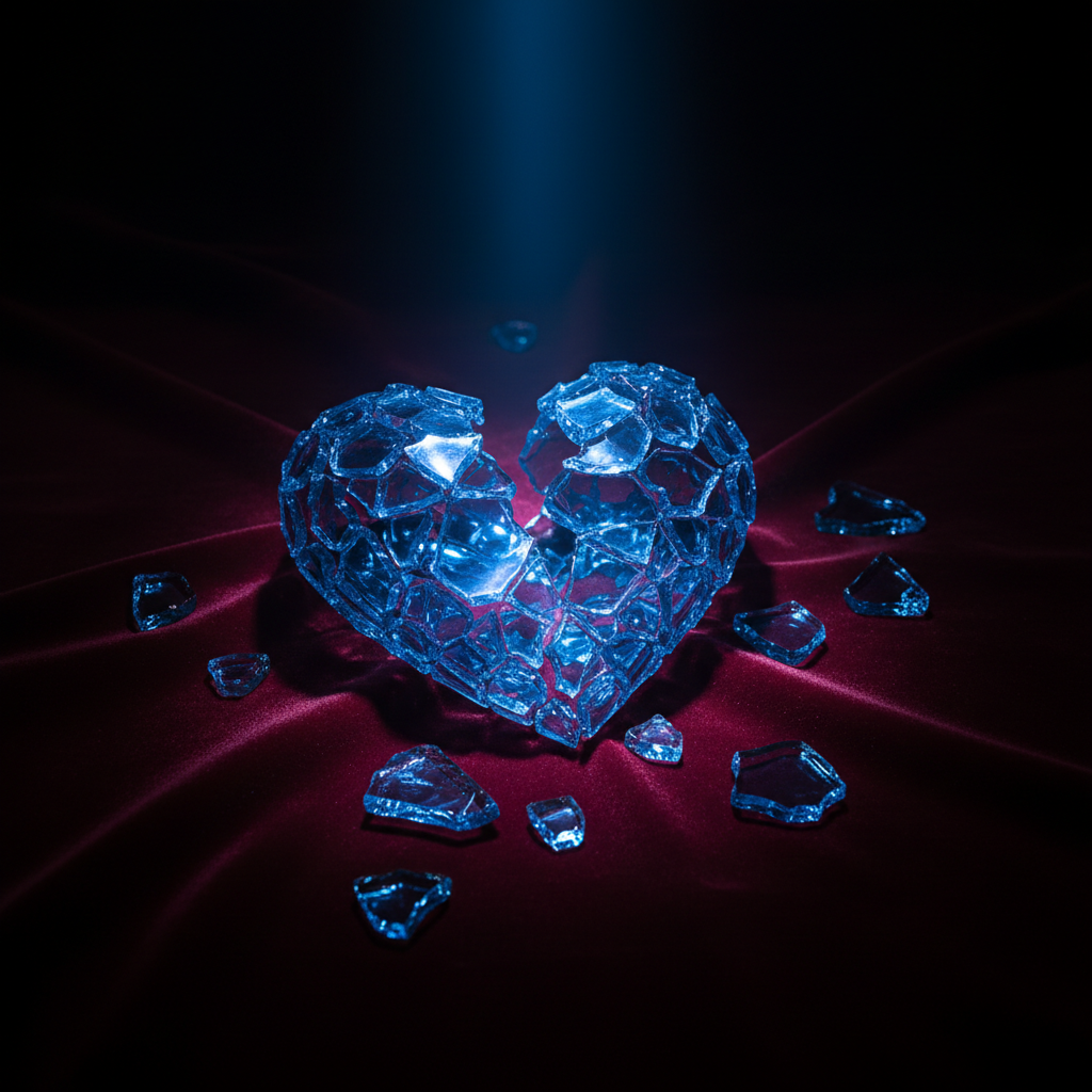 An artistic representation of a broken glass heart on a dark velvet surface, illuminated by a single blue spotlight, sharp focus, symbolic of heartbreak.