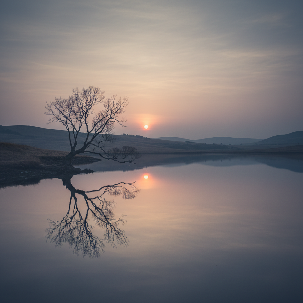 A peaceful but sad landscape of a sunset over a calm lake with a single leafless tree on the shore, muted colors, evoking feelings of loneliness and reflection.