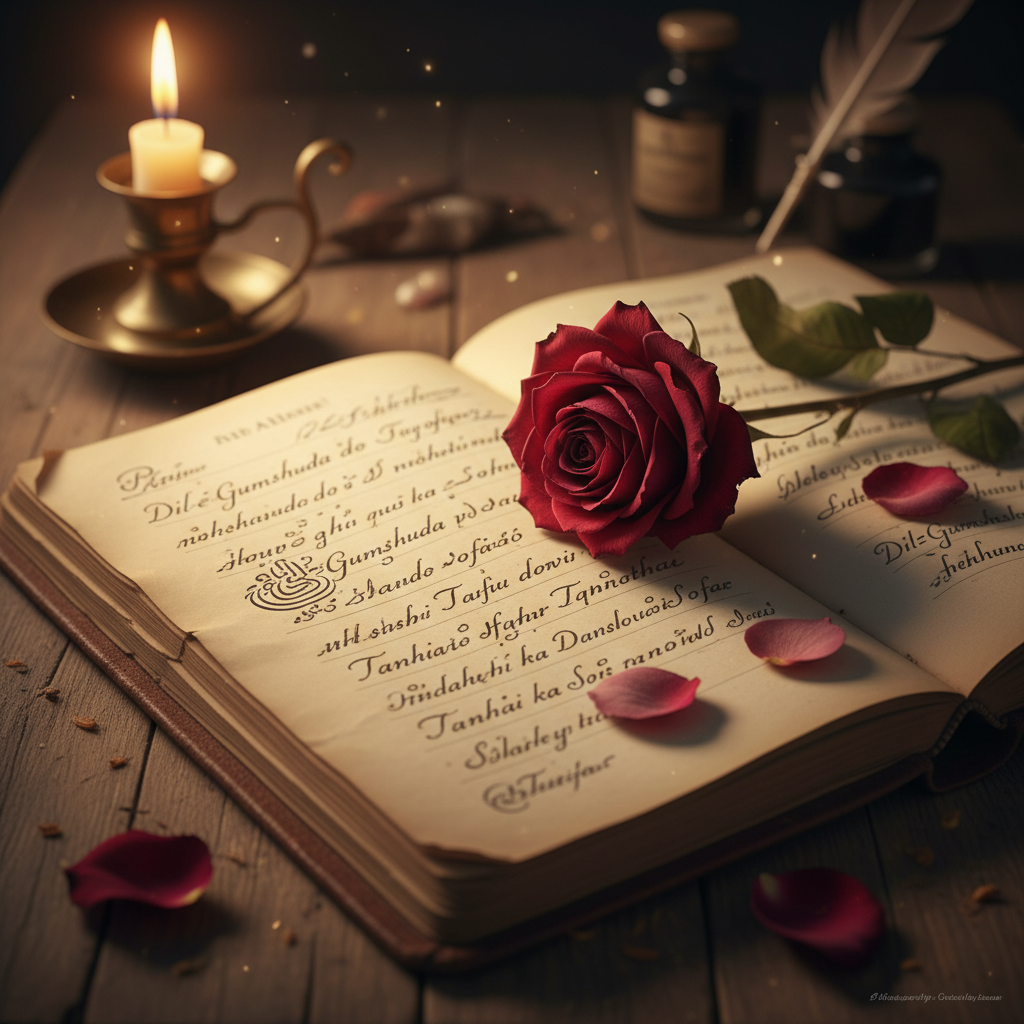 A close-up shot of an old notebook with Urdu/Roman Urdu poetry handwritten on it, a rose with withered petals lying on the page, soft candlelight, emotional ambiance.