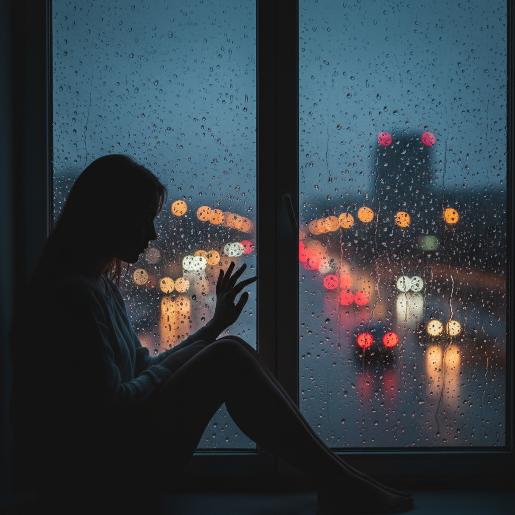 A silhouette of a woman sitting by a rainy window pane, water droplets on the glass, blurred city lights in the background, representing heartbreak and waiting.