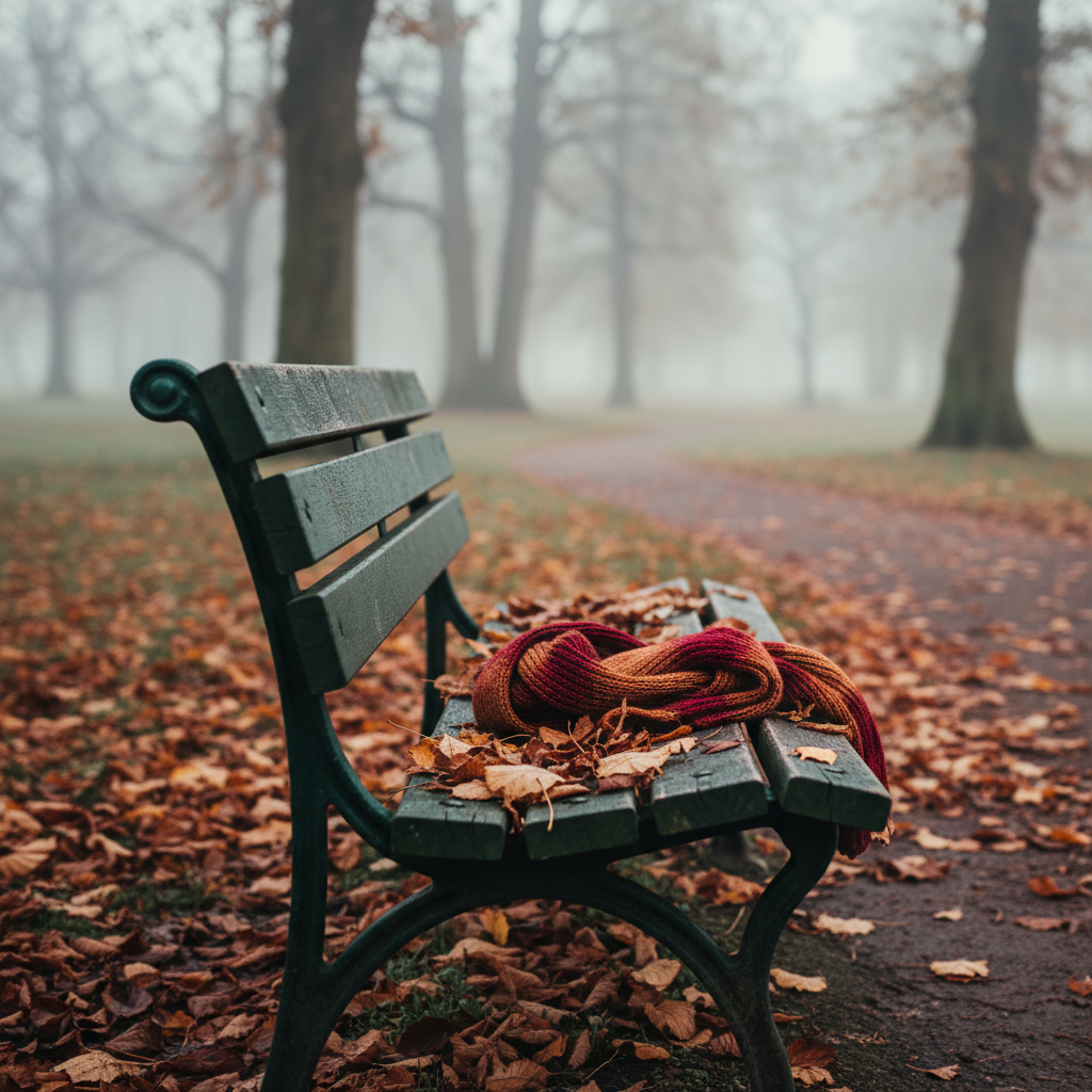 A lonely wooden bench in an autumn park covered with fallen dry leaves, a single forgotten scarf on the bench, misty morning background, evoking feelings of loneliness.