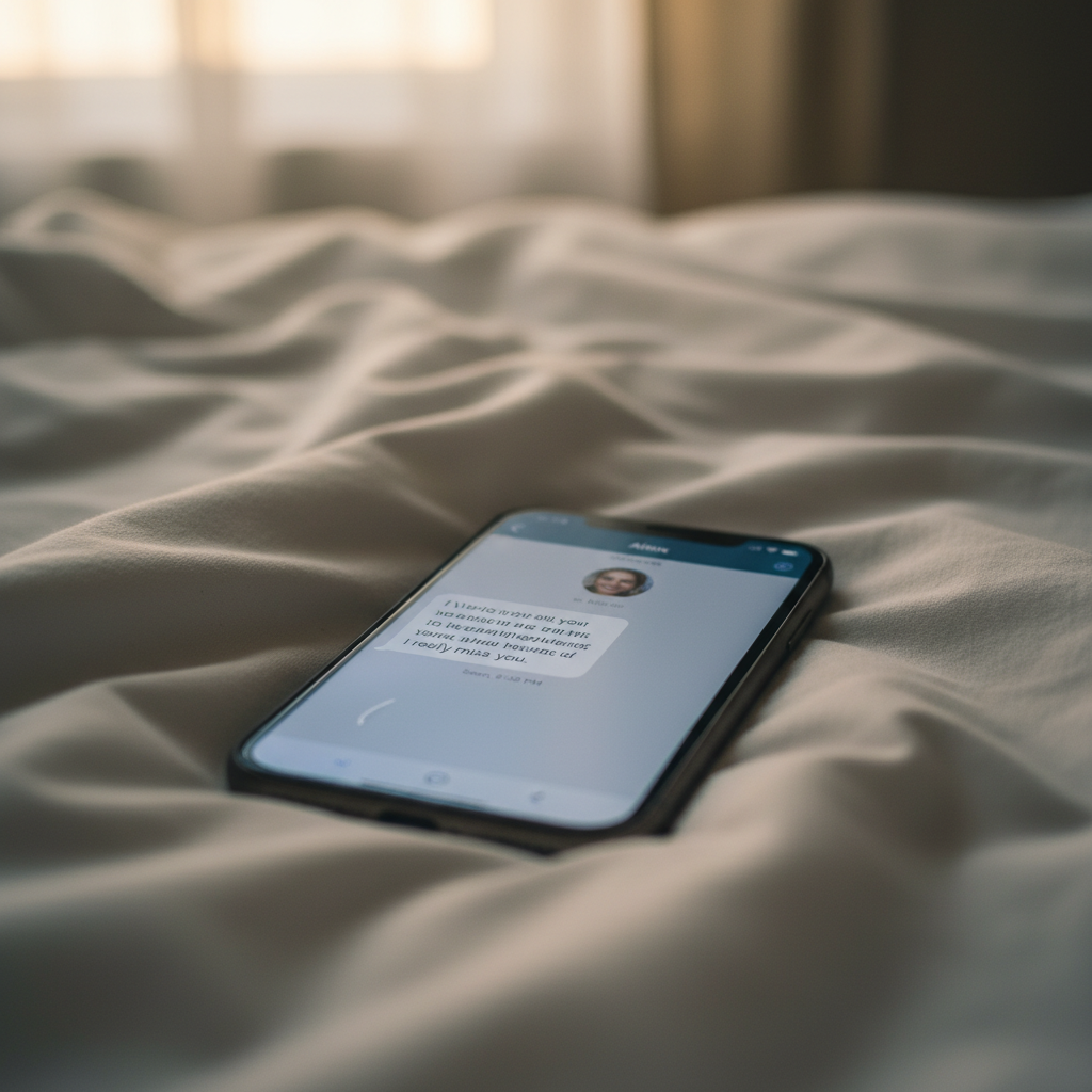 A smartphone screen on a bedsheet showing a 'Seen' message with no reply on a chat app, soft ambient lighting, representing modern heartbreak and digital silence.