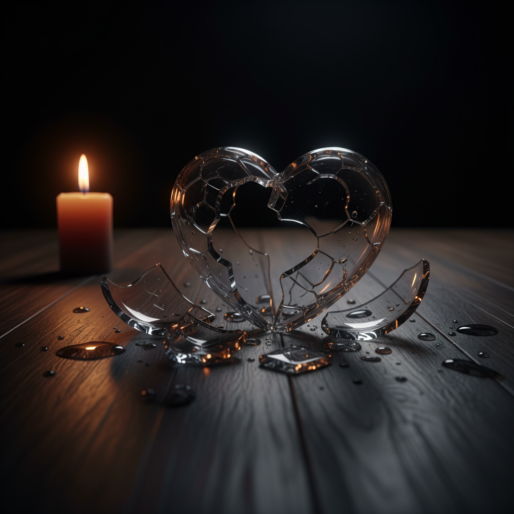 An artistic close-up of a shattered glass heart lying on a dark wooden table, soft dramatic lighting from a single candle, symbolic of heartbreak.