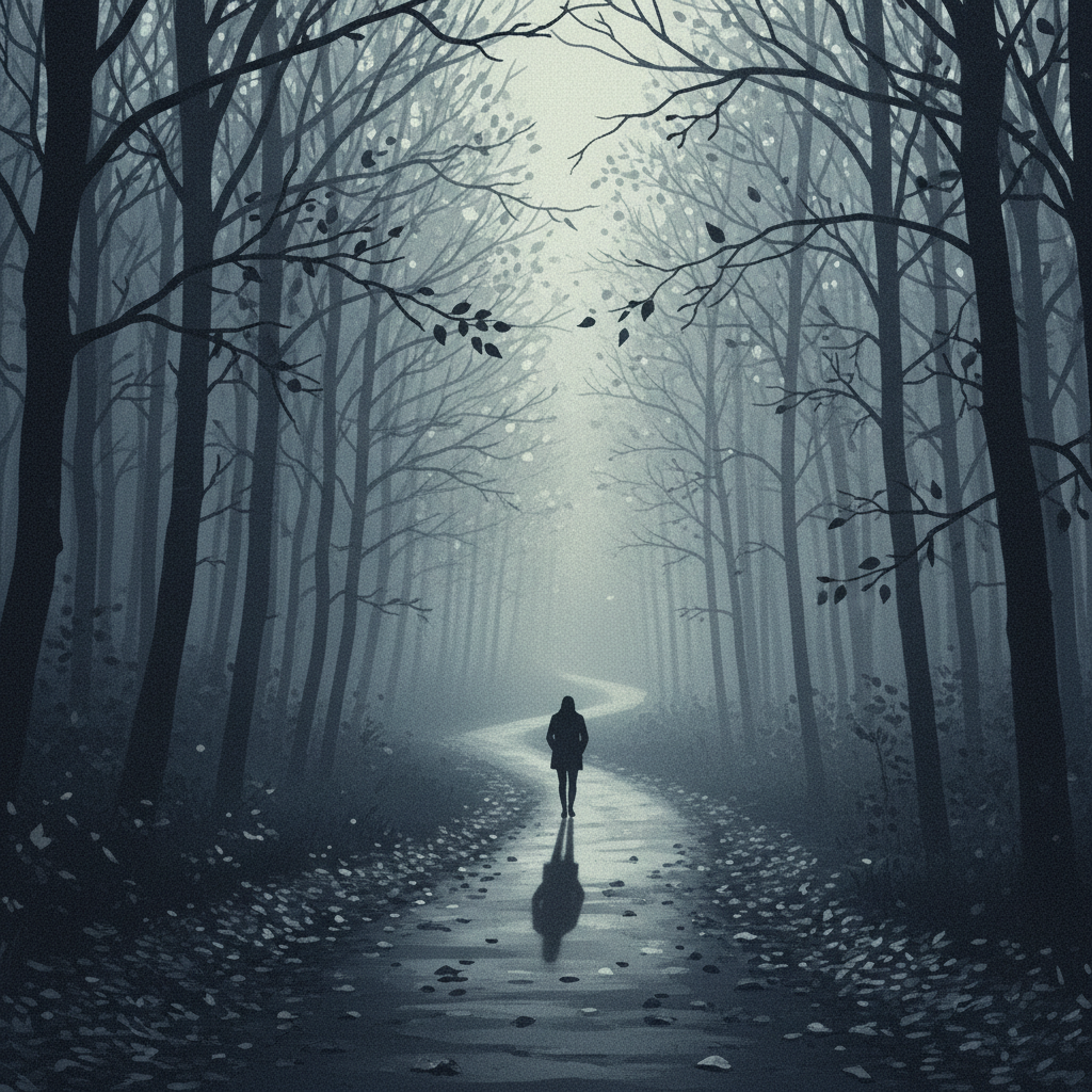 A lonely figure walking alone on a misty forest road during autumn, silhouette style, moody blue and grey tones, high resolution.