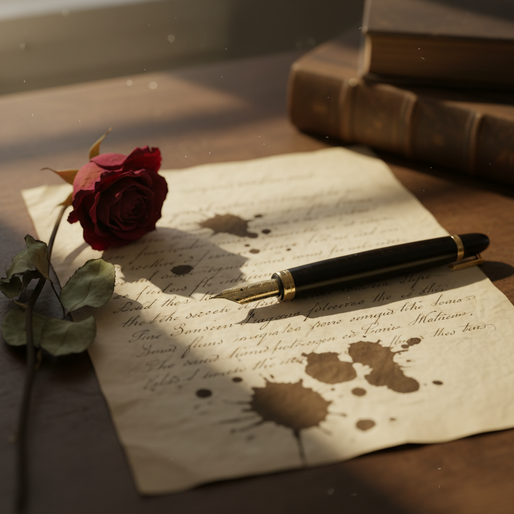 A close-up of a vintage fountain pen and an old handwritten letter with ink stains, a single withered rose lying next to it, nostalgic and sad mood.