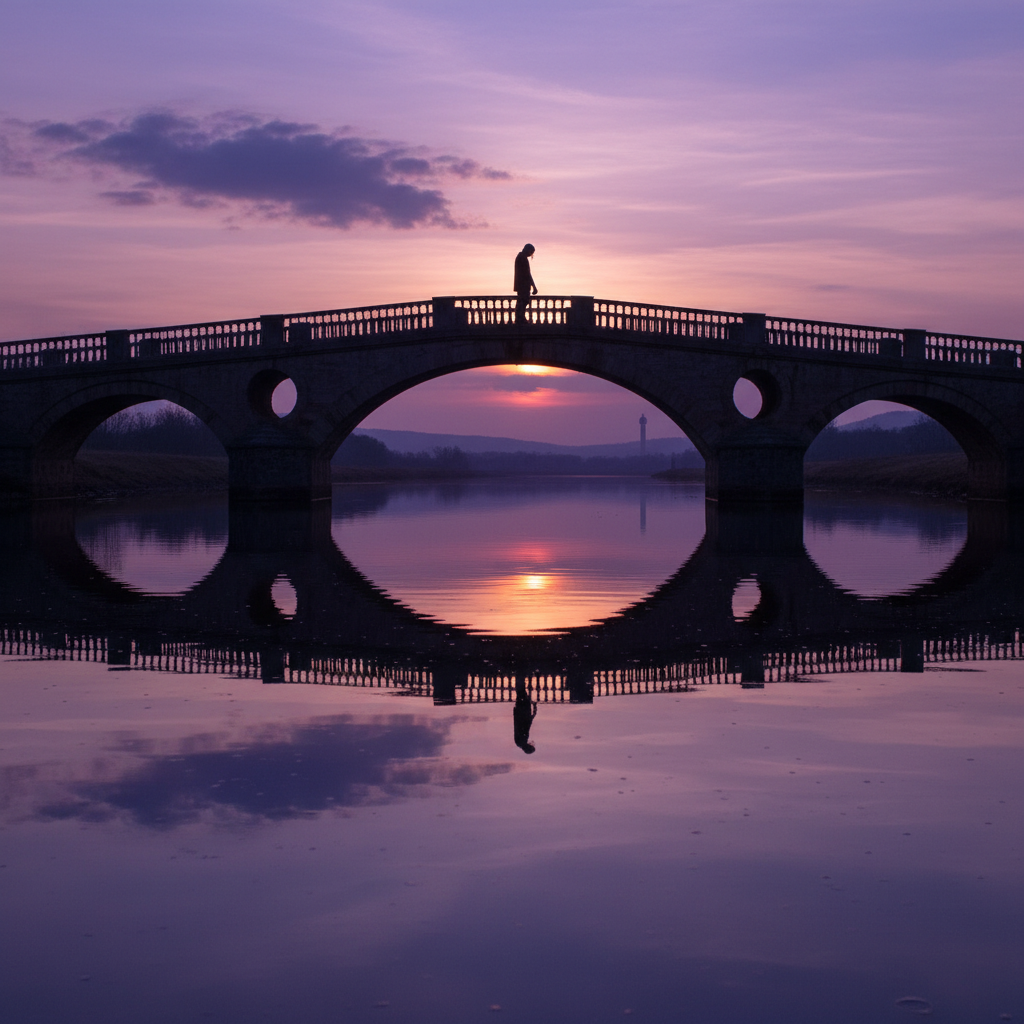 A silhouette of a person standing on a bridge during a purple sunset, reflecting in the calm river water below, feeling of solitude and deep thoughts.