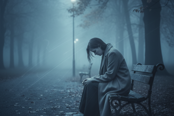 A melancholic person sitting alone on a wooden ben