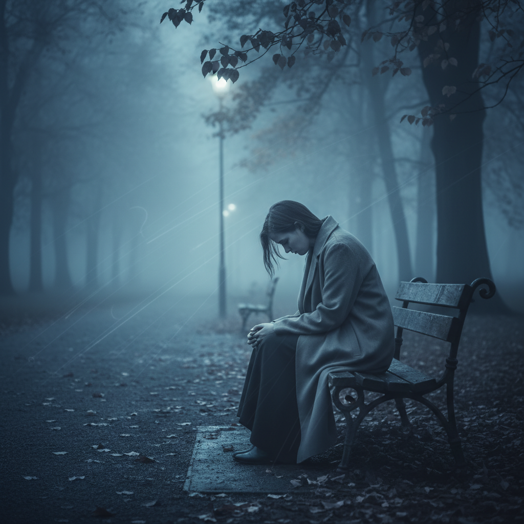 A melancholic person sitting alone on a wooden ben