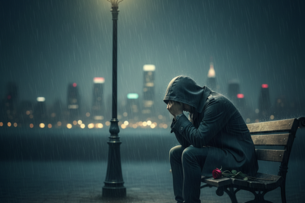 A cinematic and melancholic scene of a person sitt
