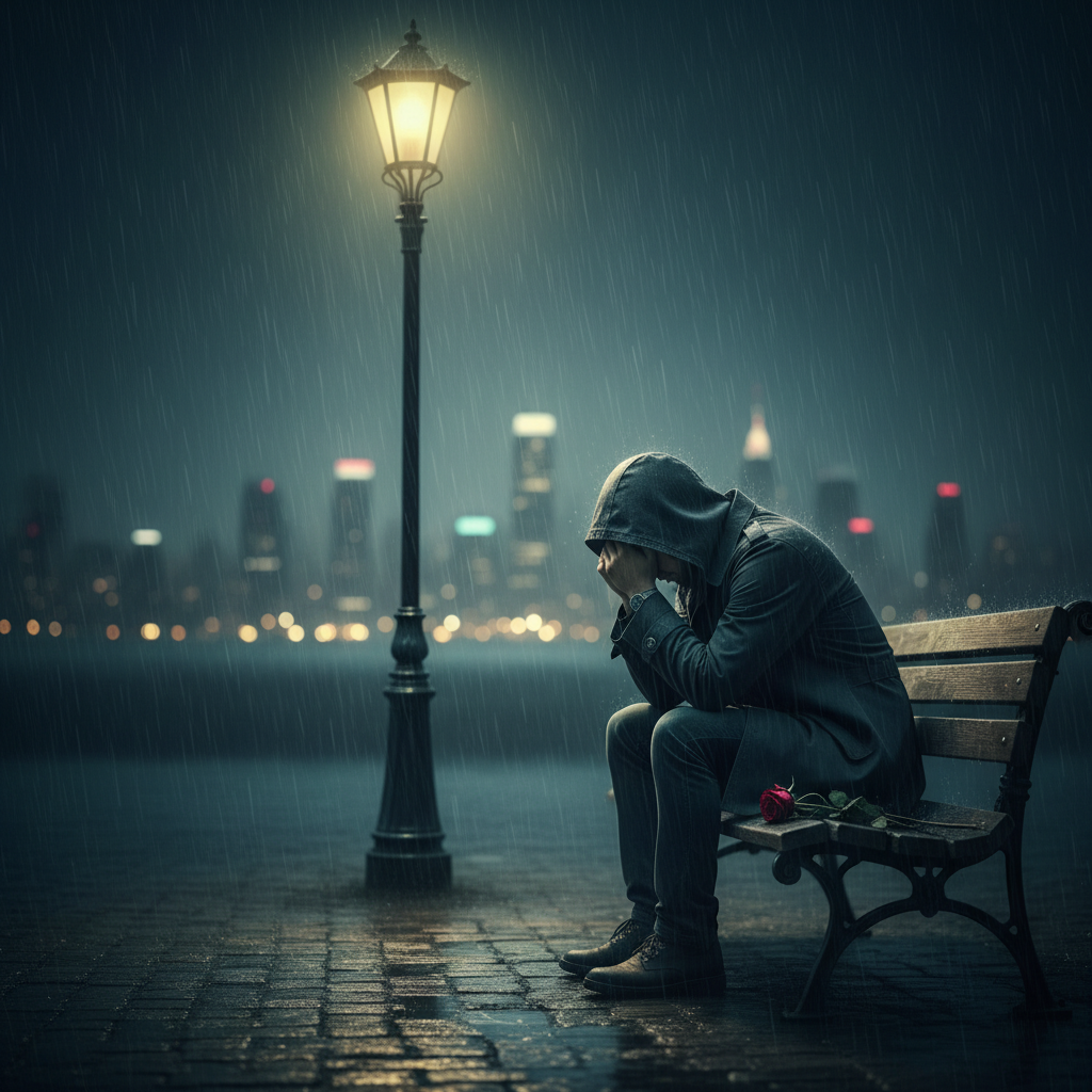 A cinematic and melancholic scene of a person sitt