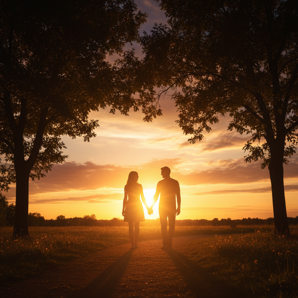 A romantic couple walking together in a beautiful park during sunset, holding hands, silhouettes against a warm golden sky, representing companionship and love.