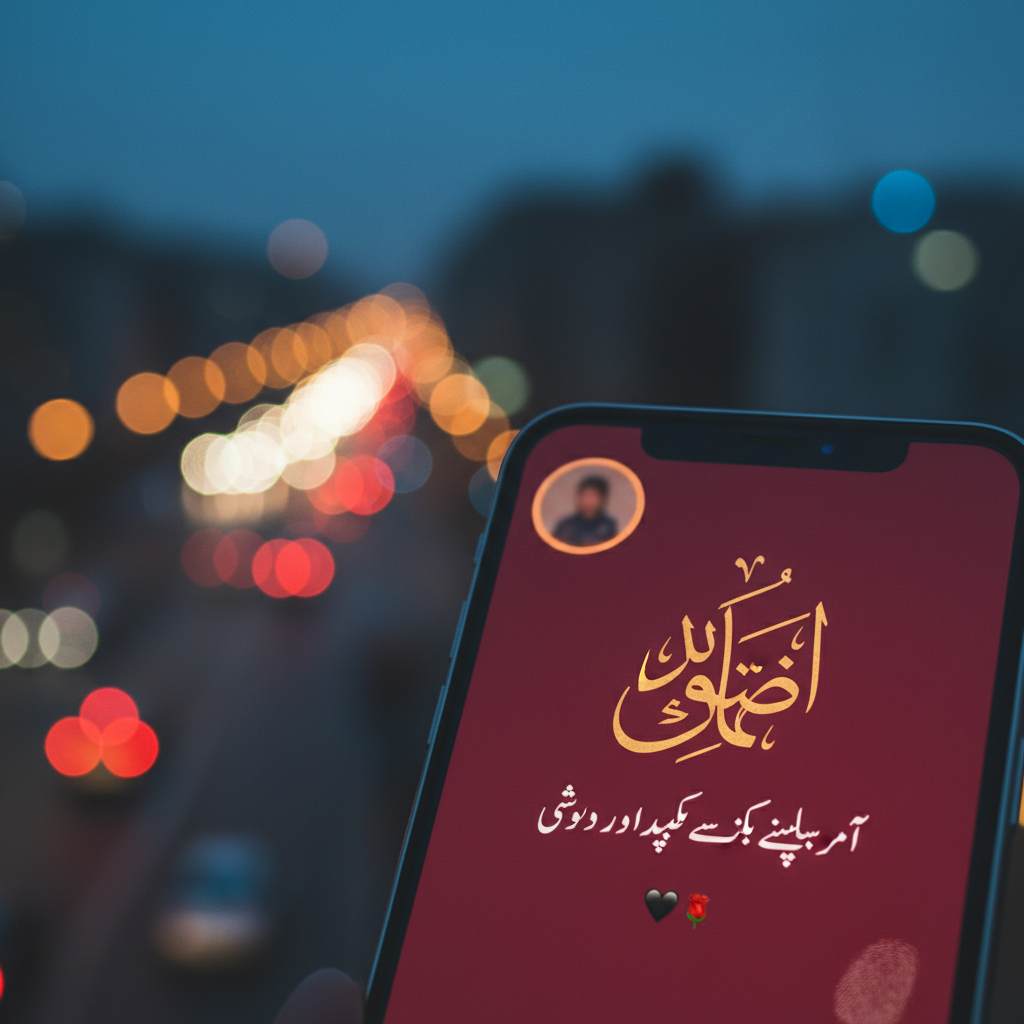 A high-quality close-up of a smartphone screen showing a romantic WhatsApp status with Urdu calligraphy. The background is a soft-focus evening city lights view.