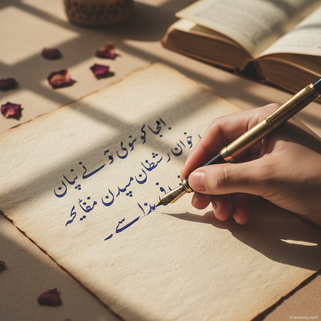 Close-up of a hand writing beautiful Urdu script with a fountain pen on textured parchment paper, aesthetic shadows, and a poetic atmosphere.