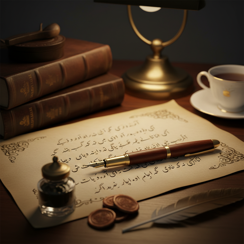 A close-up shot of a vintage fountain pen resting on a piece of parchment paper with elegant handwritten Urdu script, soft focus background, aesthetic desk setting.