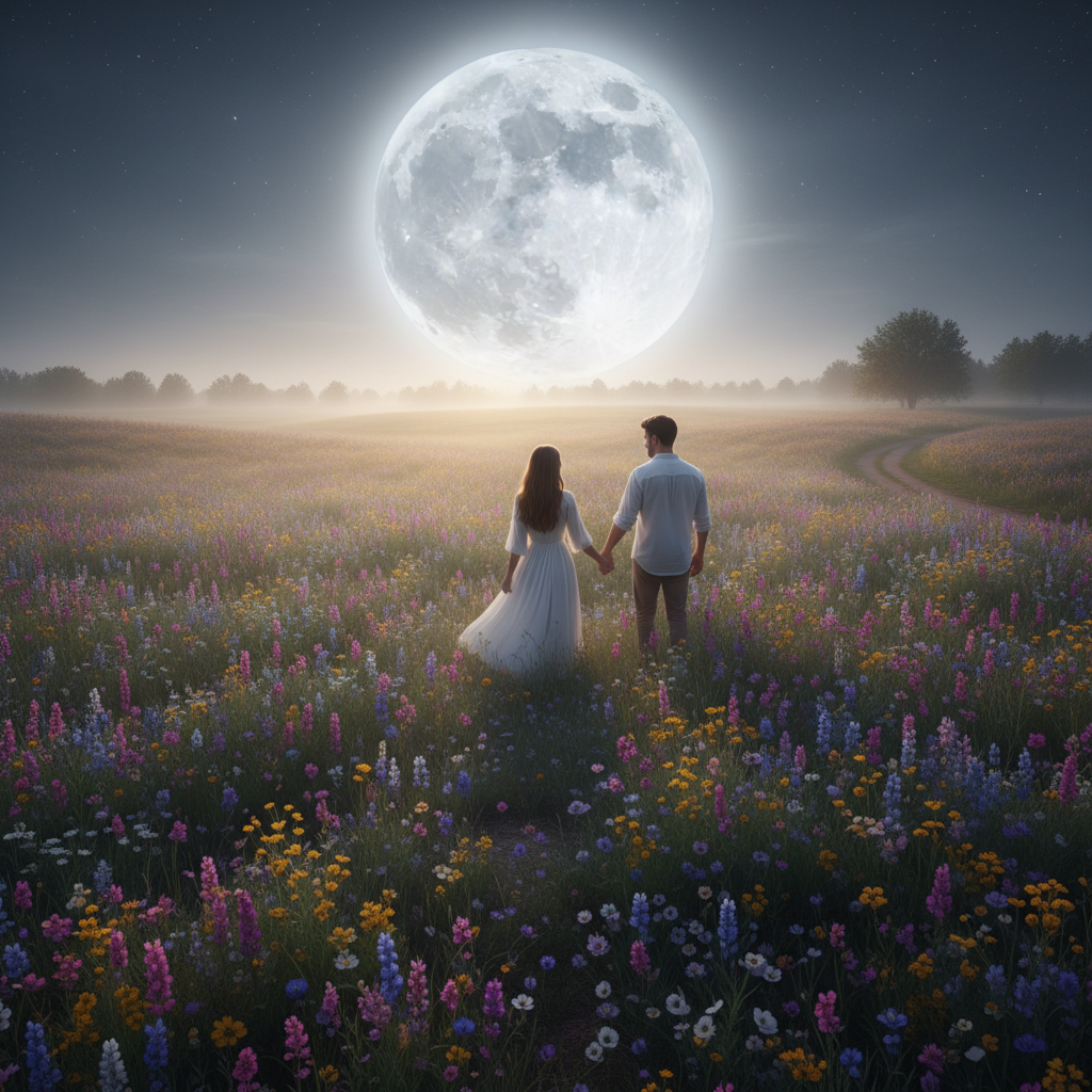A cinematic shot of a couple holding hands while walking through a field of flowers under a full moon, dreamy atmosphere, soft lighting, 4k resolution.