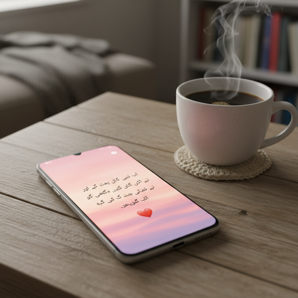 A modern smartphone lying on a wooden table displaying a beautiful WhatsApp status with romantic Urdu poetry and a heart emoji, cozy indoor lighting with a cup of coffee nearby.