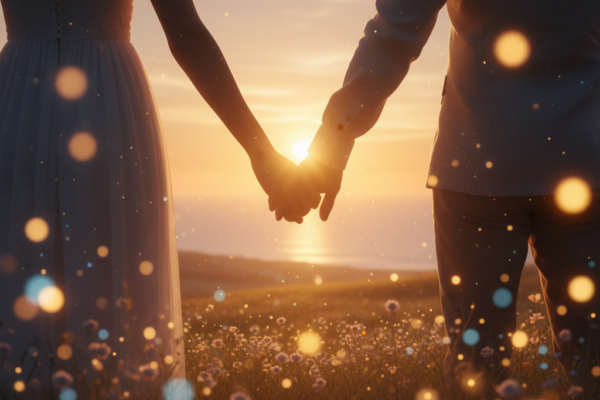 A romantic cinematic shot of a couple holding hand