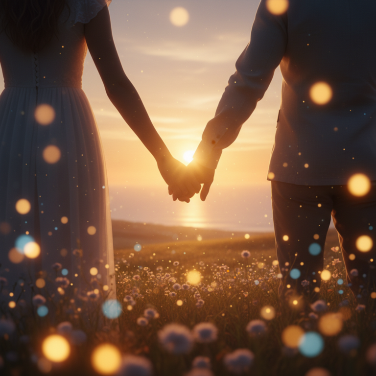 A romantic cinematic shot of a couple holding hand