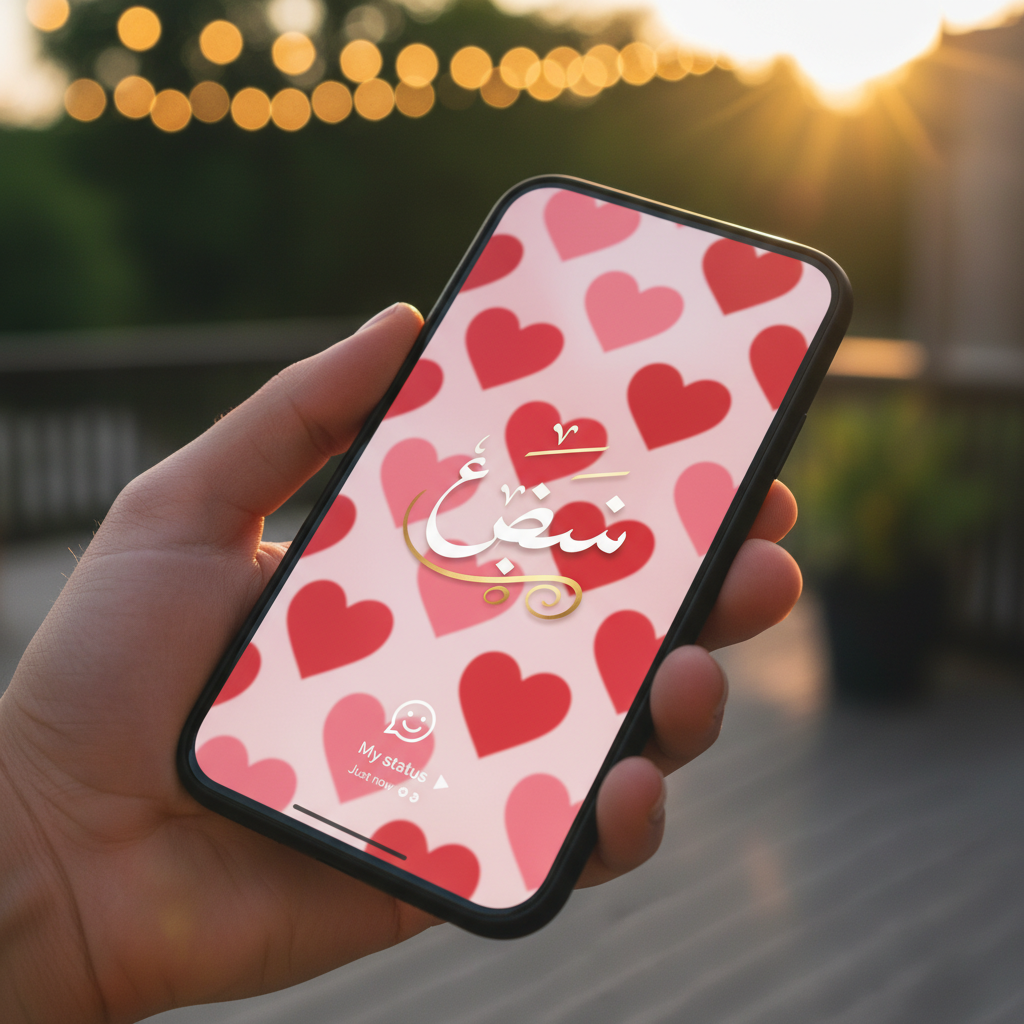 A smartphone held in a hand showing a WhatsApp status screen with artistic Urdu calligraphy and a heart icon background, professional photography.