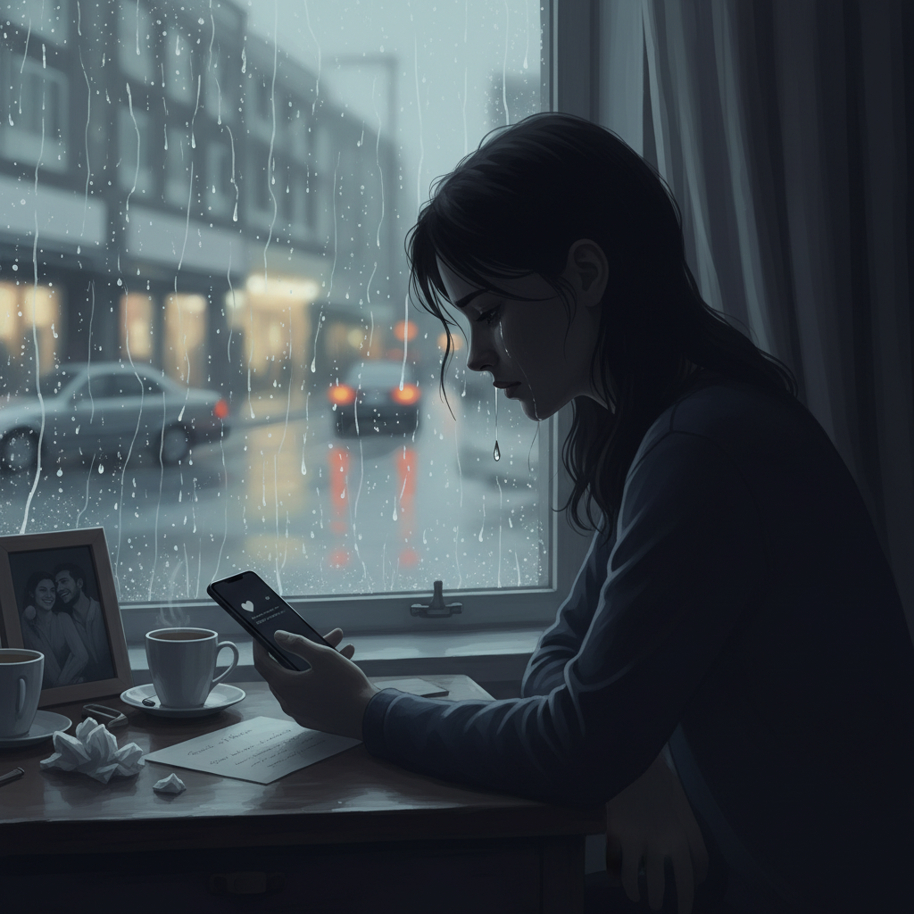 A melancholic scene of a person looking at a rainy window with a phone in hand, reflecting sadness and romantic longing, cinematic mood.