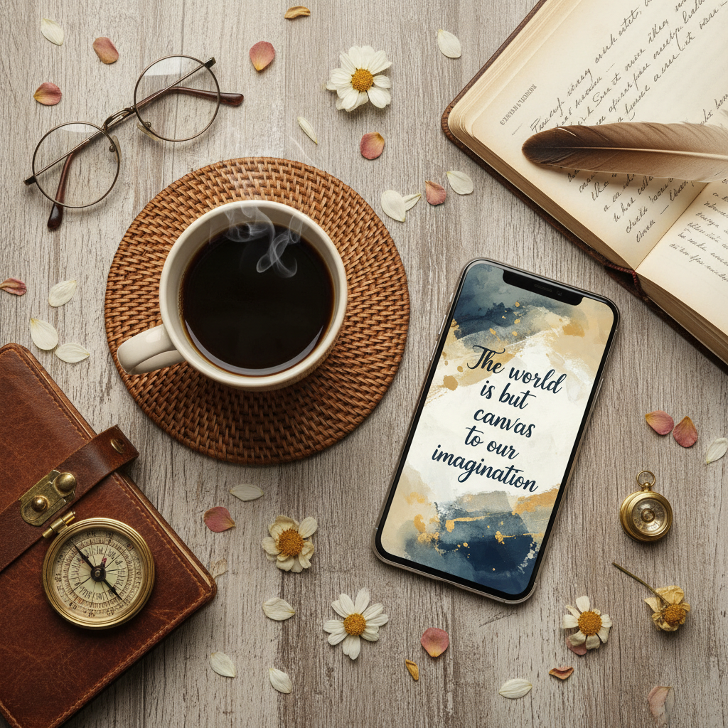 An aesthetic flat lay with a cup of coffee, a vintage diary with a pen, and a smartphone displaying a poetic quote in a stylish font.