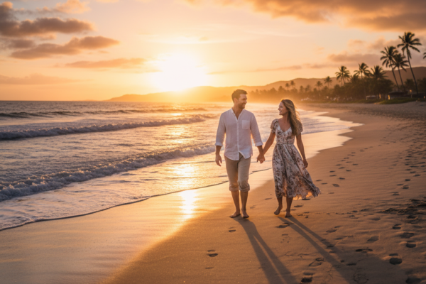 A cinematic shot of a romantic couple walking hand