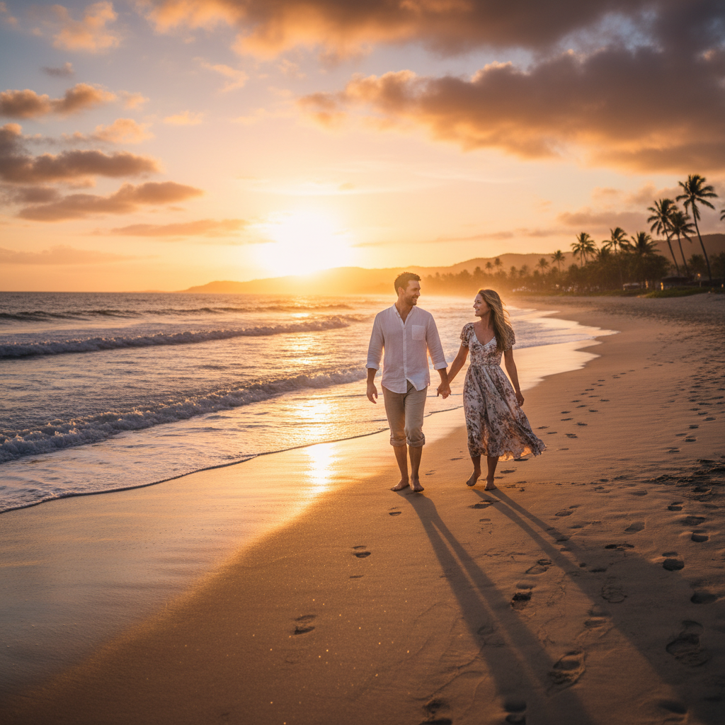 A cinematic shot of a romantic couple walking hand