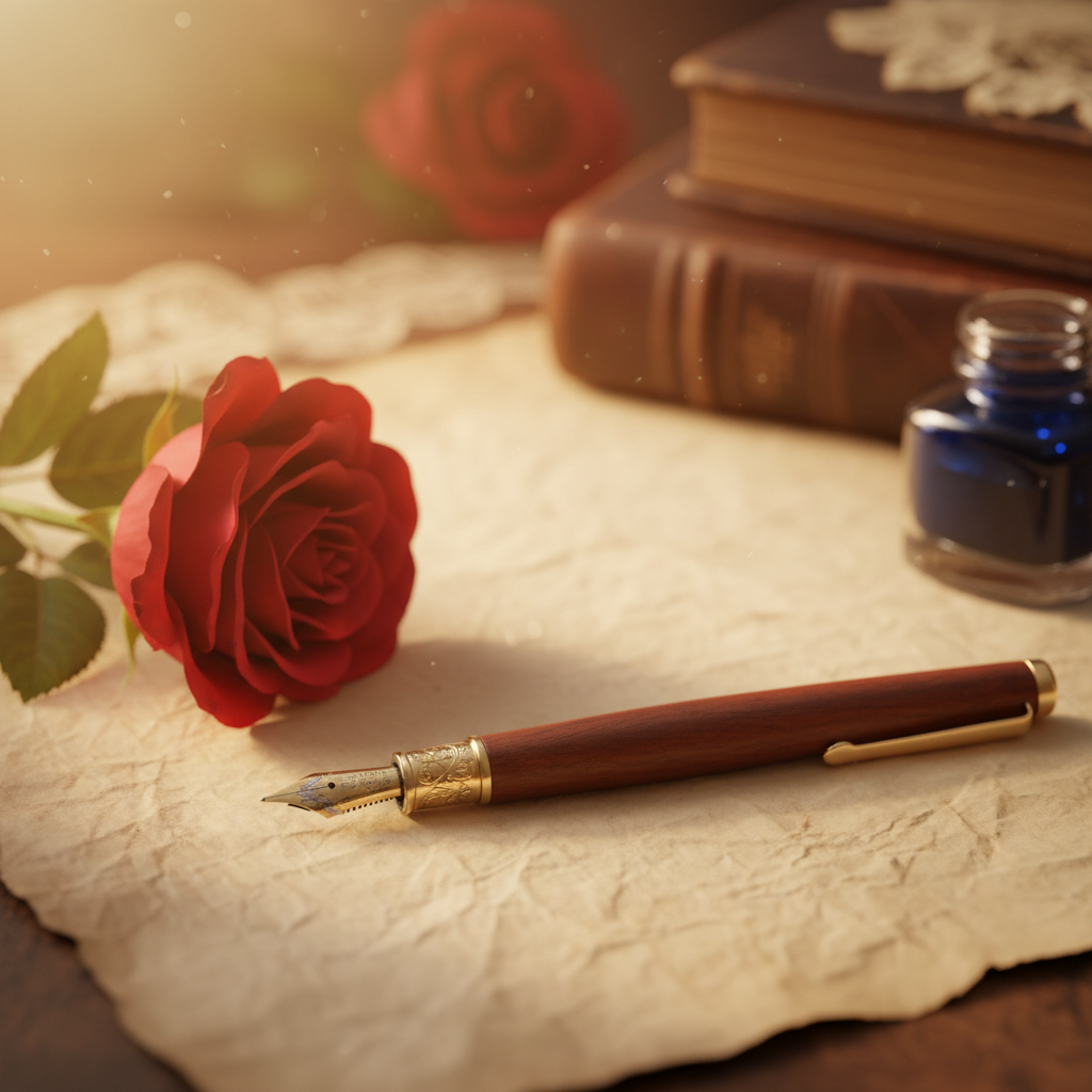 Close-up of a vintage fountain pen resting on a piece of parchment paper with a red rose nearby, soft aesthetic lighting, romantic vibes.