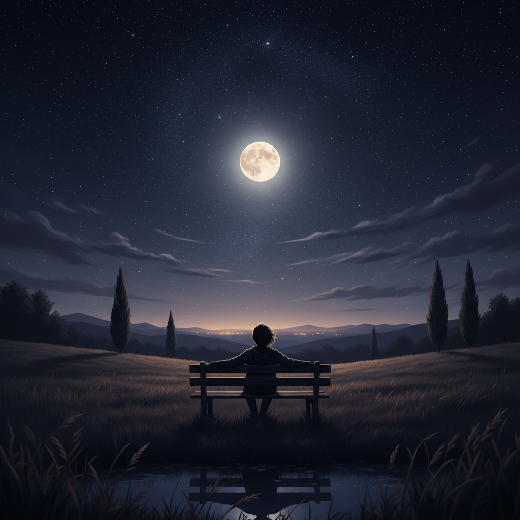 A beautiful night sky with a full moon and stars, a silhouette of a person sitting on a bench looking at the horizon, peaceful and romantic atmosphere.