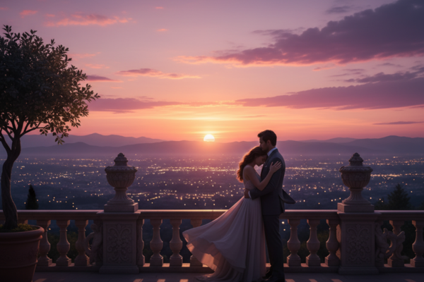 A romantic cinematic wide shot of a couple standin