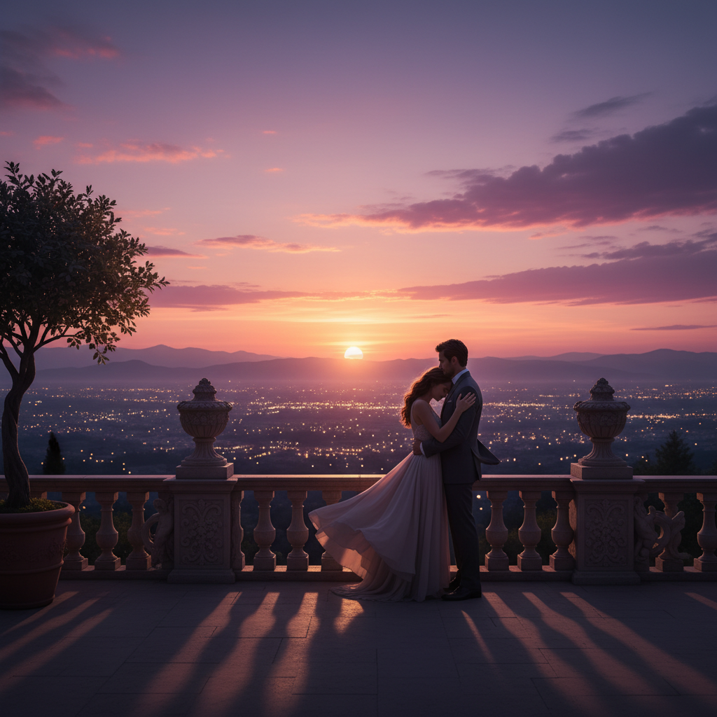 A romantic cinematic wide shot of a couple standin