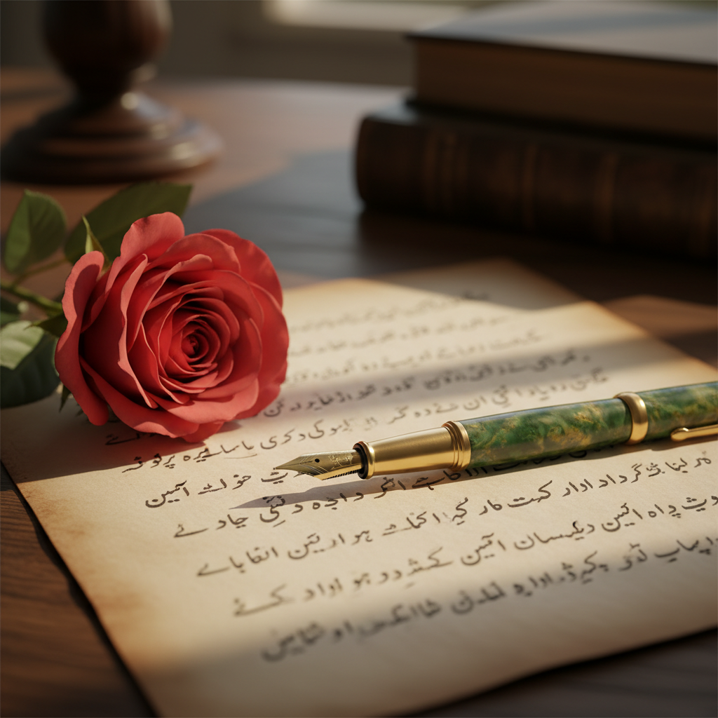 Close-up of a vintage fountain pen resting on a piece of parchment paper with handwritten Urdu script and a single red rose, soft lighting.