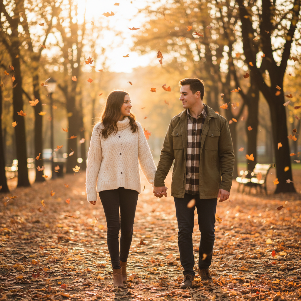A young couple walking hand-in-hand in a park during autumn, golden hour, leaves falling, bokeh background, romantic vibes.