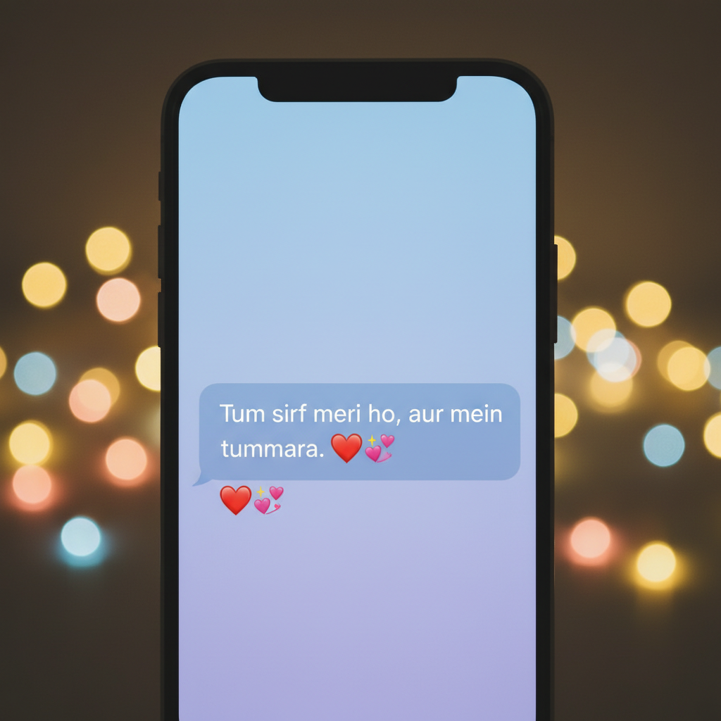 Close up of a smartphone screen displaying a romantic message in Roman Urdu with heart emojis, blurred romantic background with fairy lights.