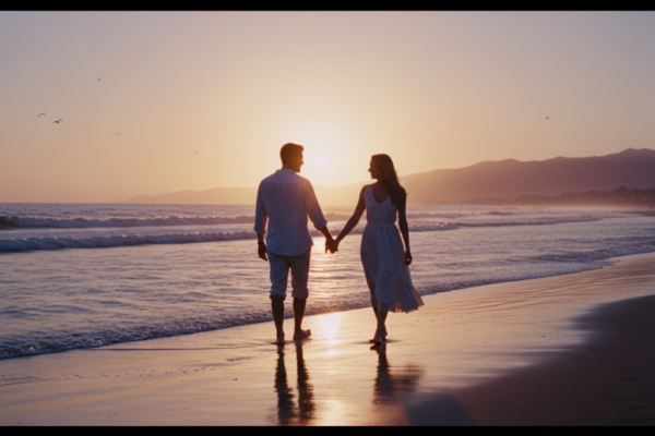A romantic cinematic shot of a couple holding hand