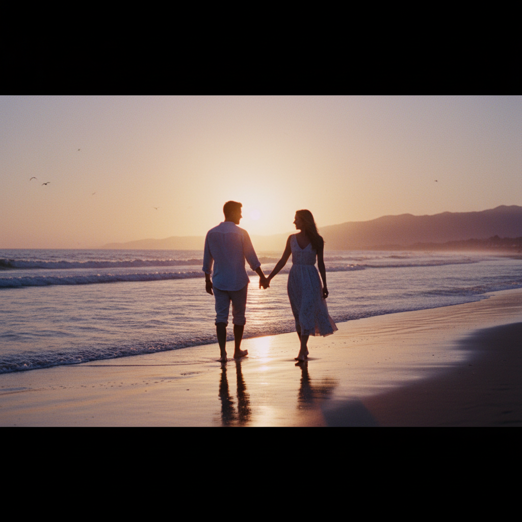 A romantic cinematic shot of a couple holding hand