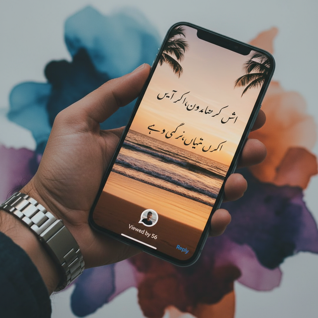 A hand holding a modern smartphone showing a beautiful WhatsApp status with a sunset beach background and 2-line Urdu poetry text, blurred artistic background.