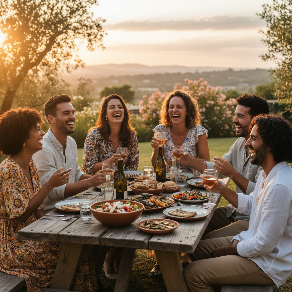 A group of diverse friends laughing and sharing a meal at a rustic outdoor wooden table, warm golden hour lighting, capturing joy and companionship.