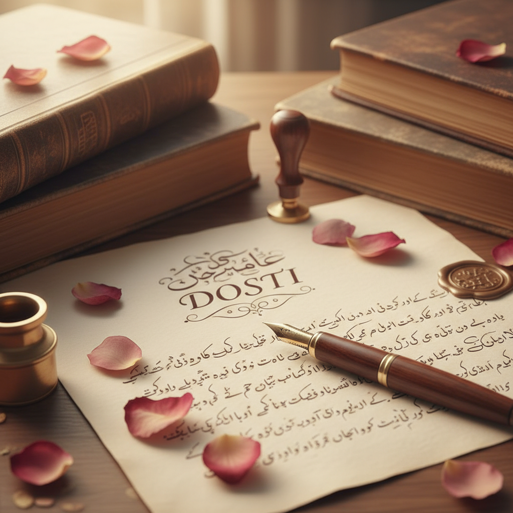 An aesthetic close-up of a vintage fountain pen resting on a handwritten letter with 'Dosti' written in calligraphy, surrounded by old books and rose petals.