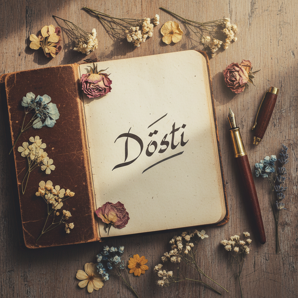 A flat lay of an old vintage diary with 'Dosti' written in Urdu calligraphy on a page, surrounded by dried flowers and an antique fountain pen, soft aesthetic lighting, 4k resolution.