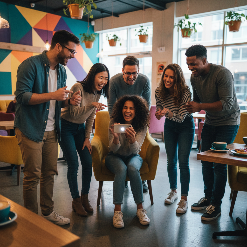 A group of diverse friends in a vibrant modern cafe, laughing naturally, one person showing a phone screen to others, candid style, bright and colorful lighting, high-quality photography.