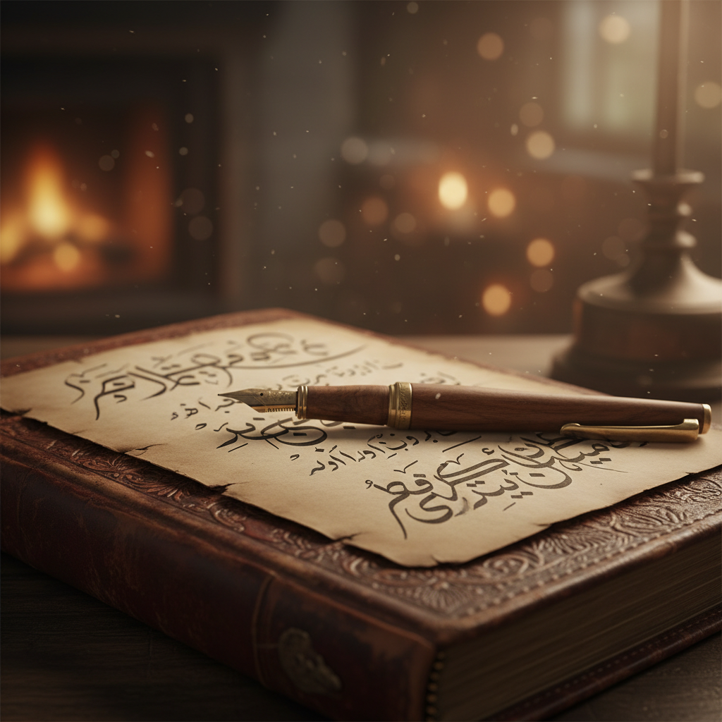 A close-up artistic shot of a vintage diary with a wooden pen on top, Urdu calligraphy sketches visible on pages, soft bokeh background, warm indoor lighting, nostalgic vibe.