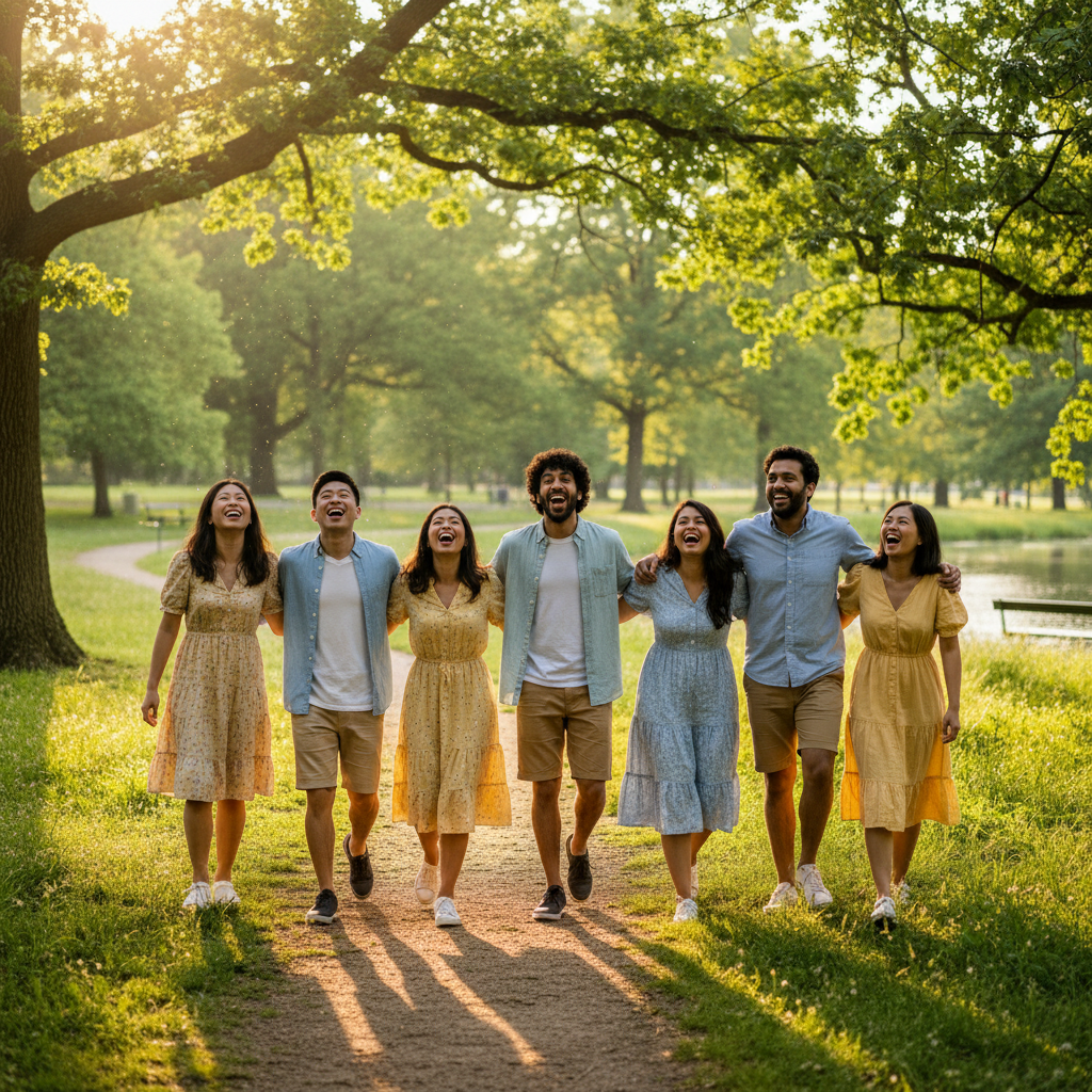 A joyful group of diverse friends laughing and walking together in a lush green park, candid moment, summer sunlight filtering through trees, high quality photography.