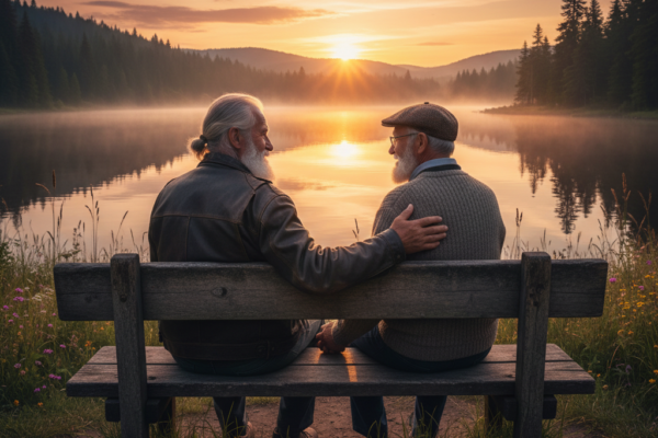 A cinematic wide shot of two lifelong best friends