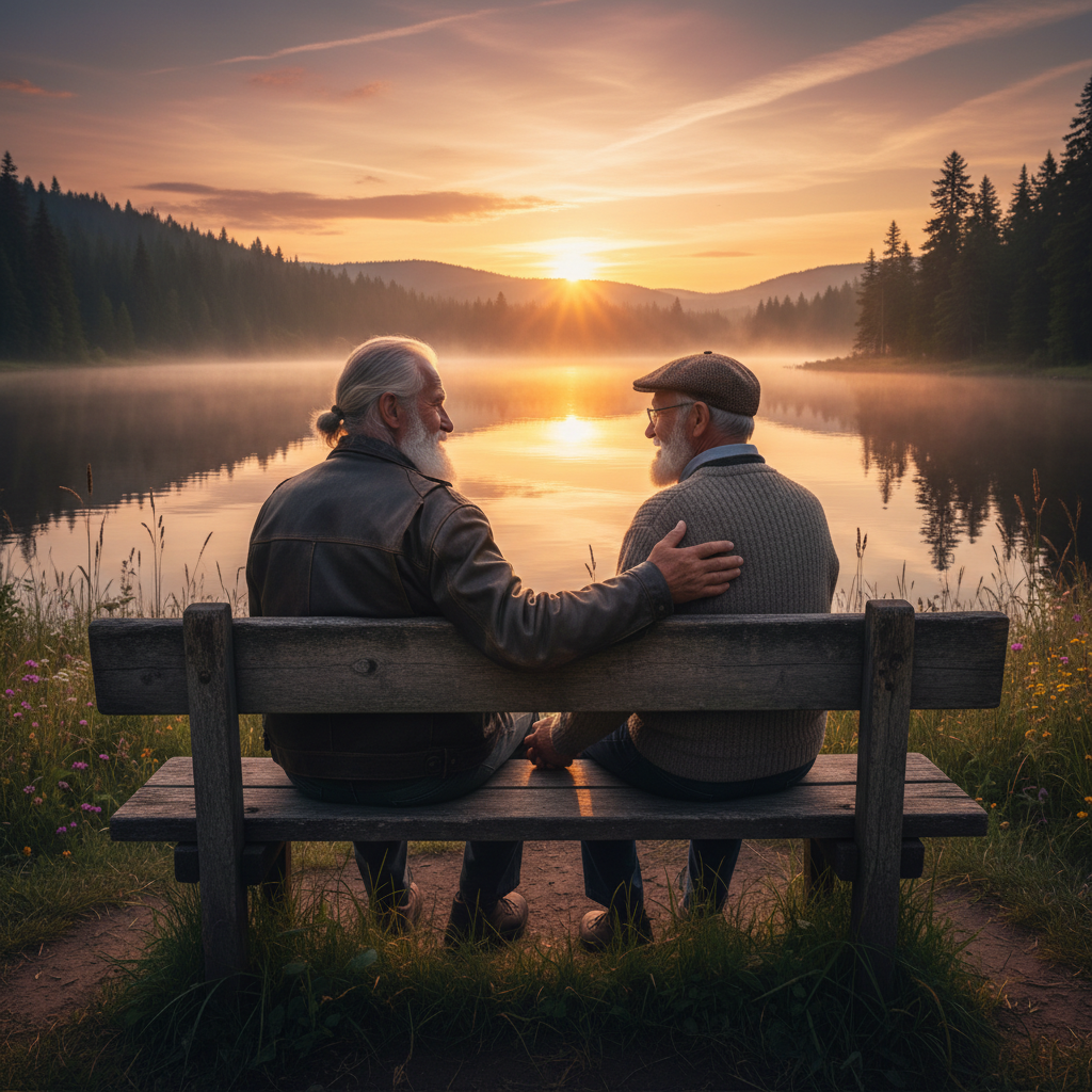 A cinematic wide shot of two lifelong best friends