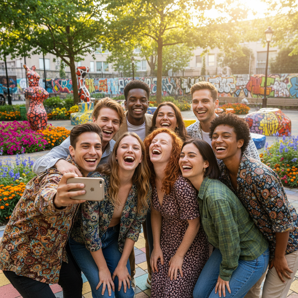 A vibrant group of friends laughing and taking a selfie in a colorful urban park, natural sunlight, high resolution, expressive faces showing true friendship.