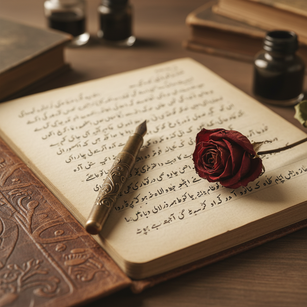 An aesthetic close-up of a handwritten Urdu poetry notebook with a vintage pen and a dried rose, soft focus background, nostalgic and artistic mood.