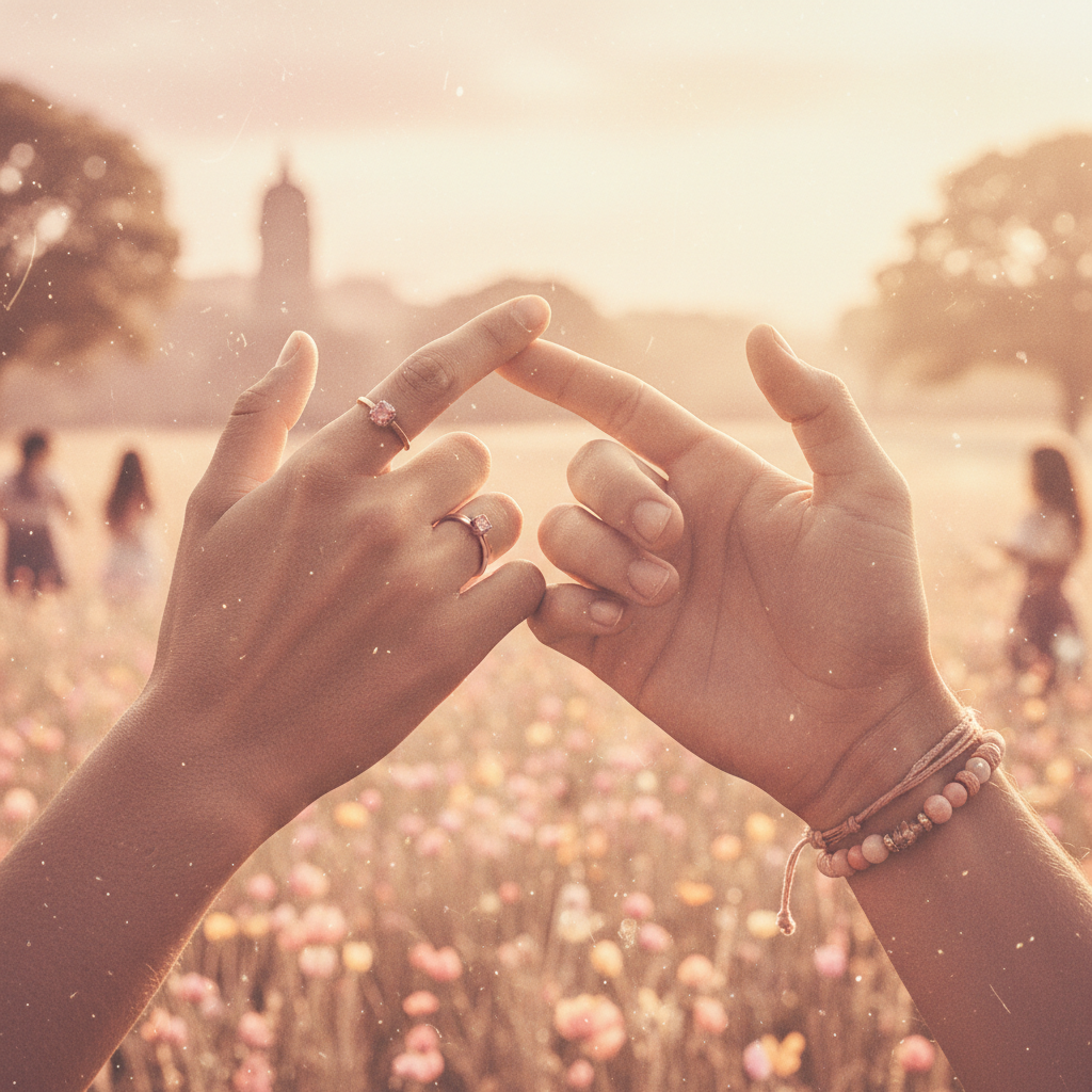 A close-up artistic shot of two friends performing a pinky promise, soft focus background, warm and nostalgic color grading.